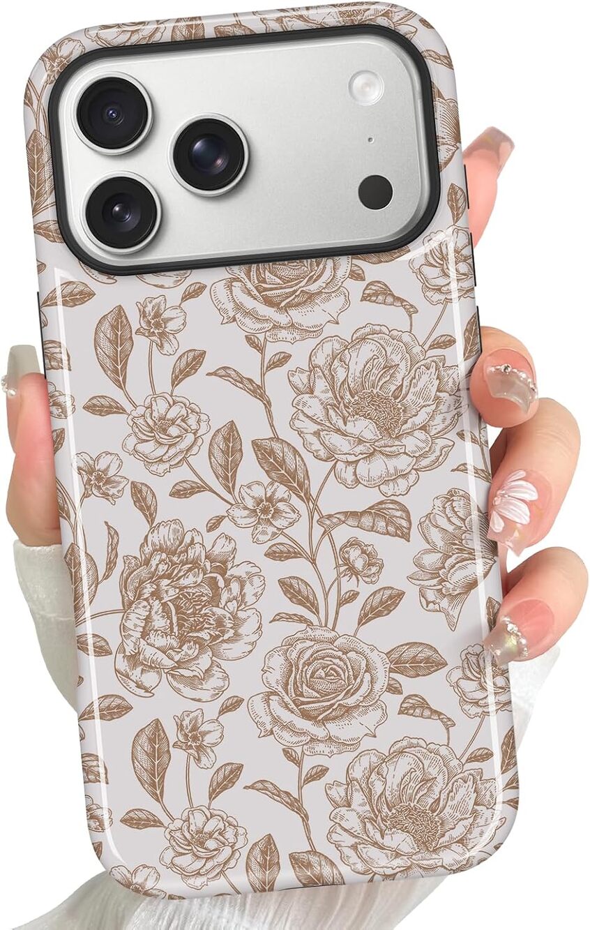 pmxlfo iPhone 17 Pro Max MagSafe Case Beige Ceramic Rose Floral Protective Cover